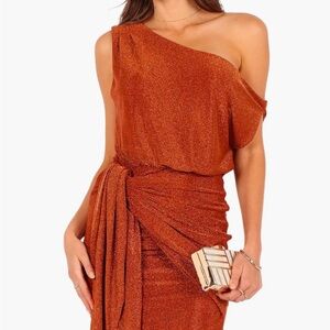 Santiago Metallic Side Tie One-Shoulder Midi Dress